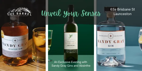 Event poster: bottles of Sandy Gray Winter Gin, Absinthe and Gin, with the words Unveil Your Senses.