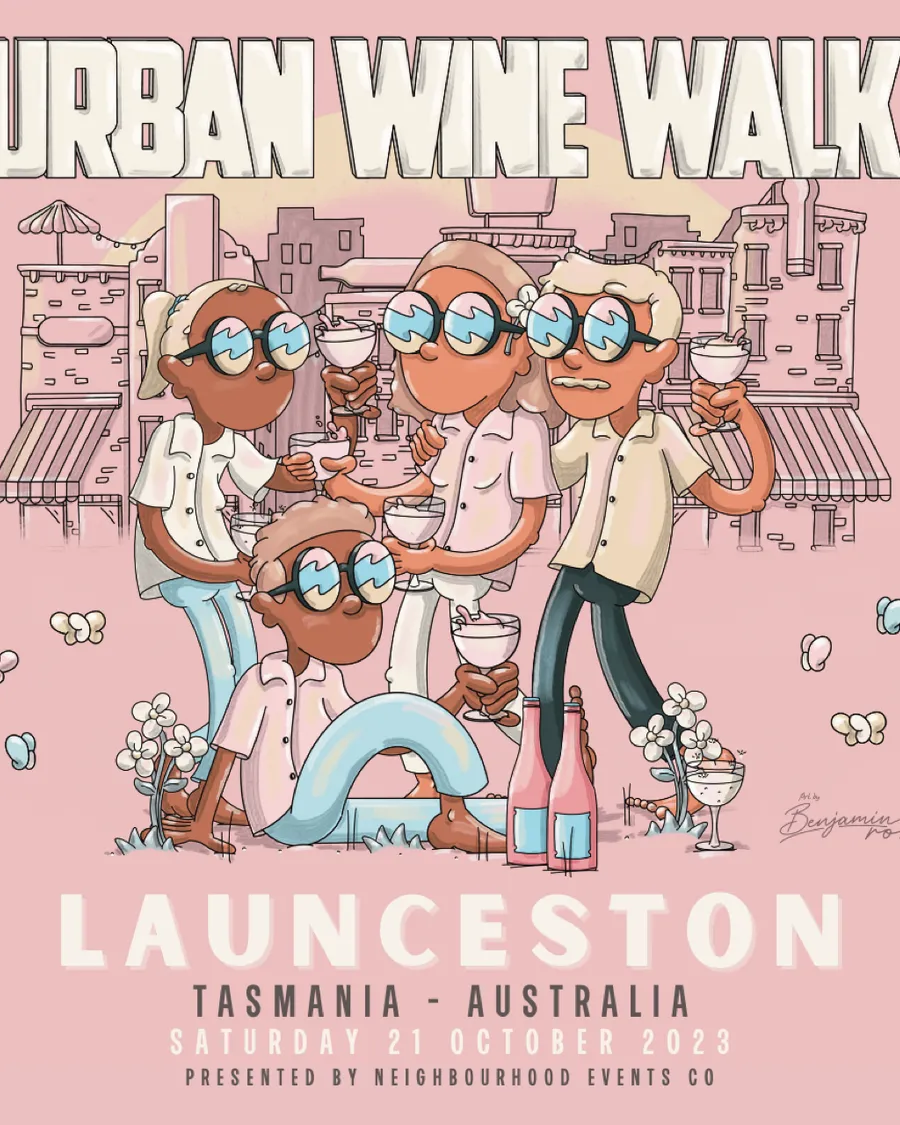 Urban Wine Walk Launceston poster, illustrated by Benjamin Ross: friends in sunglasses raising glasses in front of city shopfronts.